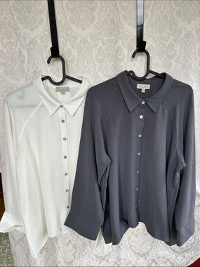Status by Chenault - Set of Two Button-Front Collared Blouses — White & Charcoal